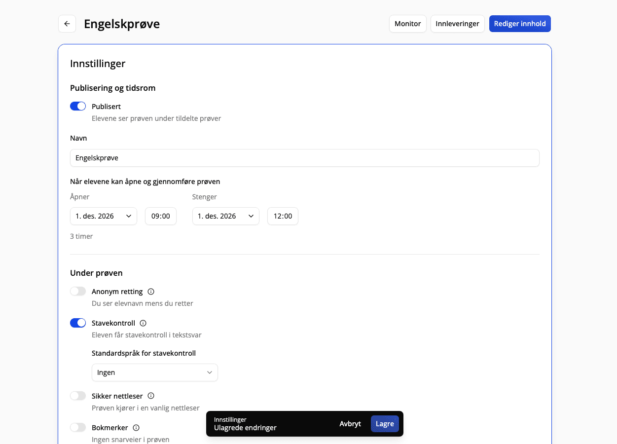 Delen Innstillinger på prøvesiden, med Publisert slått på og feltet Ulagrede endringer med knappen Lagre nederst